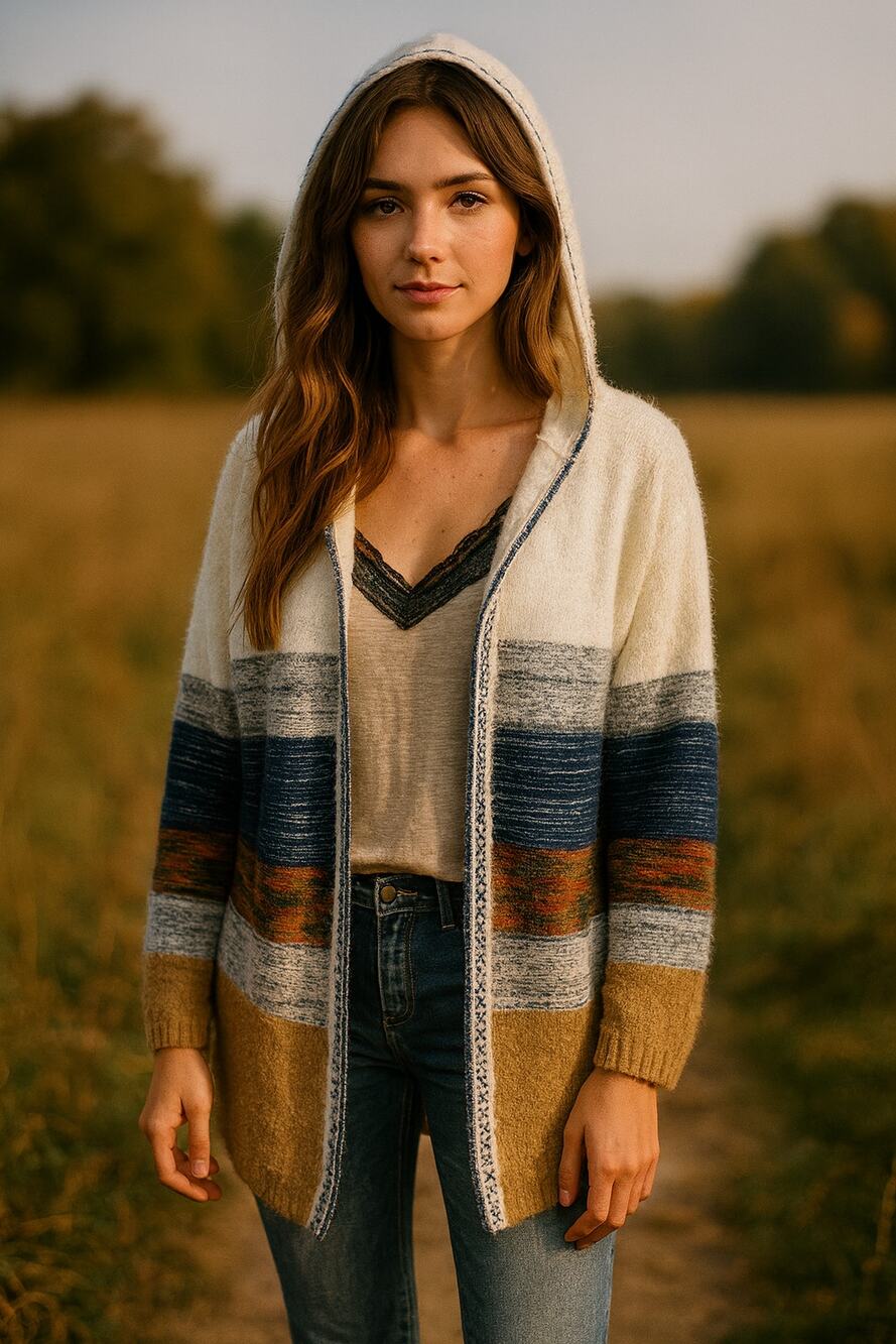 FATE Hooded Boho Stripe Cardigan Sweater – Size M
